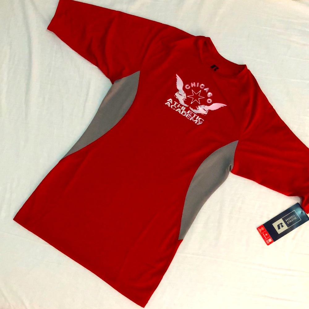 Russell Compression tee with white metallic prints, NWT